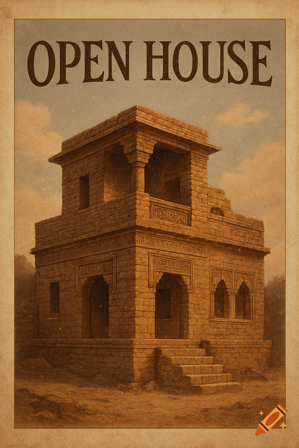 A vintage-style poster features an ancient, two-story stone building under a pale sky, with 'OPEN HOUSE' text at the top.