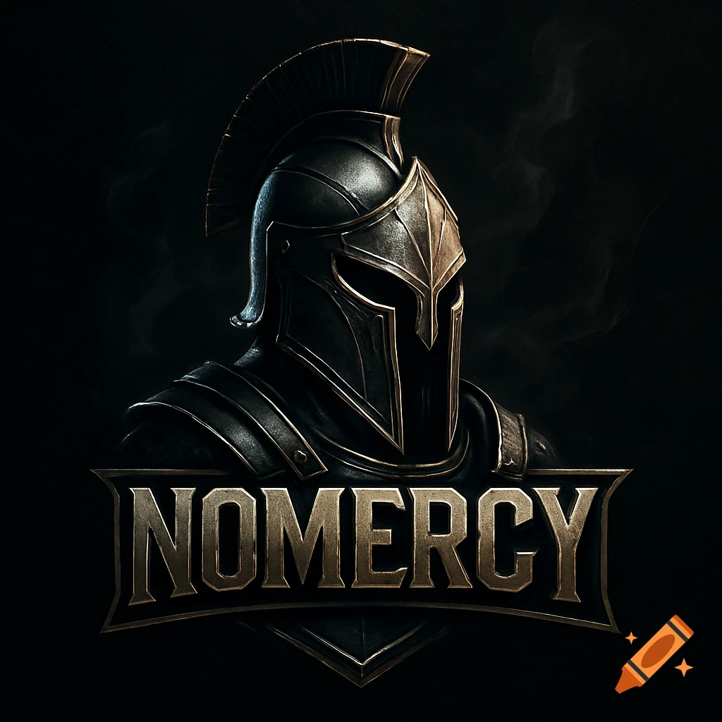 A dark, stylized logo featuring a detailed gladiator helmet in steel and dark gold with the word 'NOMERCY' below it.