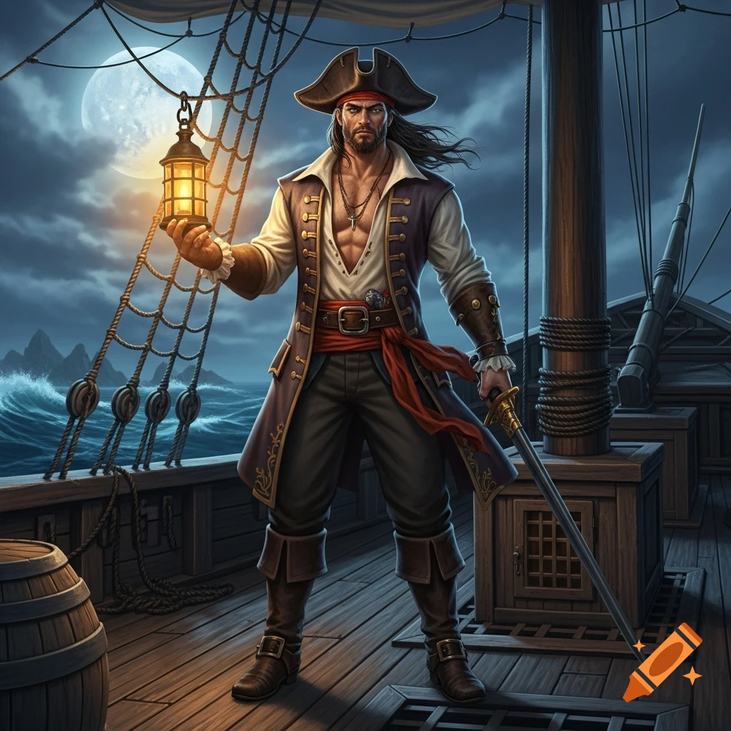 A muscular pirate captain stands on a wooden ship deck, holding a glowing lantern, with a full moon and stormy sea in the background. Illustrated.