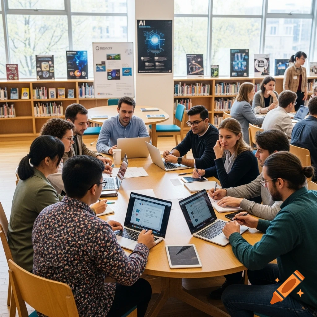 A diverse group of people engaged in a meeting or study session, working on laptops around a large wooden table in a bright modern library.