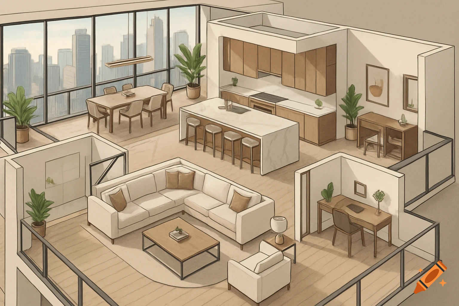Isometric drawing of a modern apartment floor plan with a living room, dining room, kitchen, and two offices.