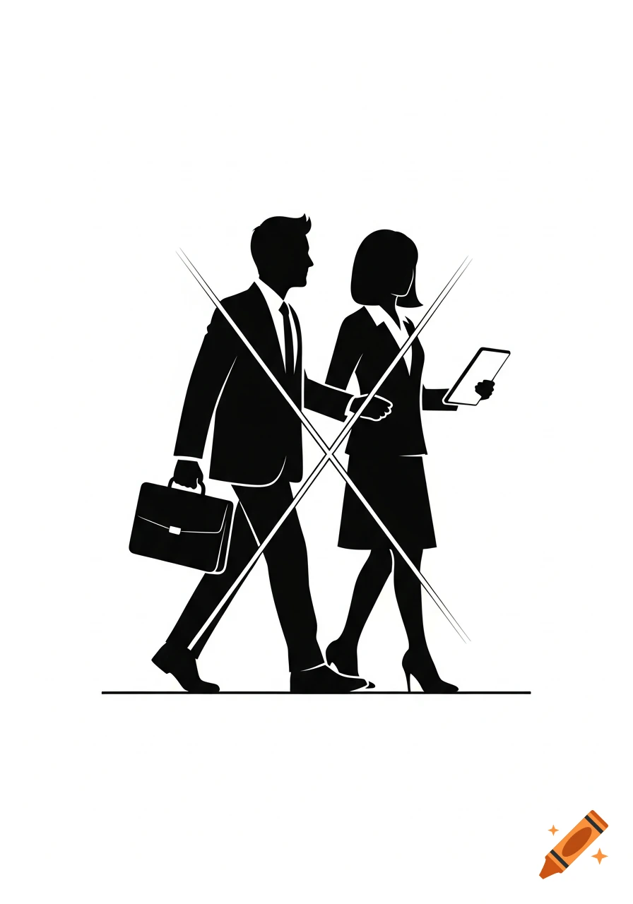 Black silhouettes of a man with a briefcase and a woman with a tablet walking, crossed out with large 'X' marks.
