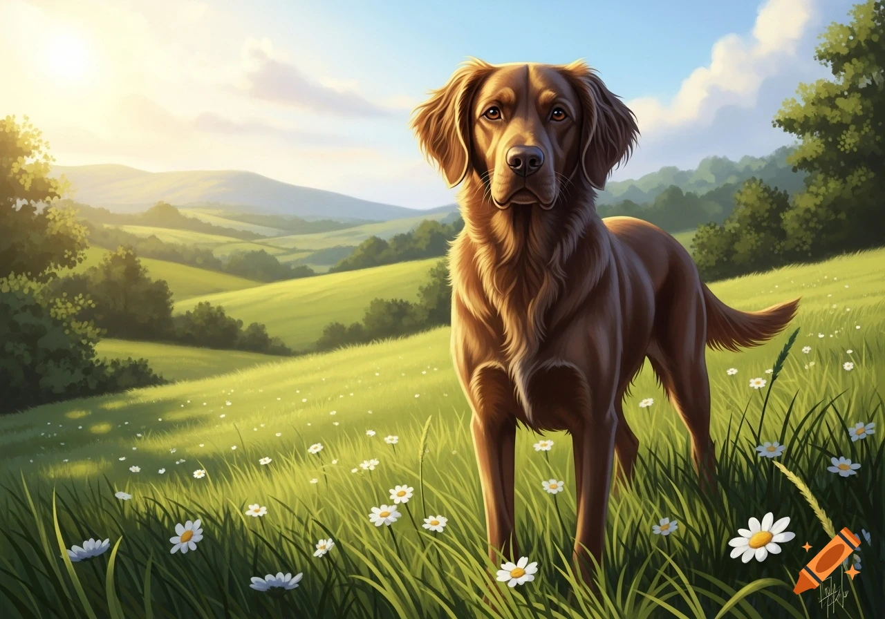 A brown dog with fluffy fur stands in a lush green field filled with white daisies under a bright, sunny sky.