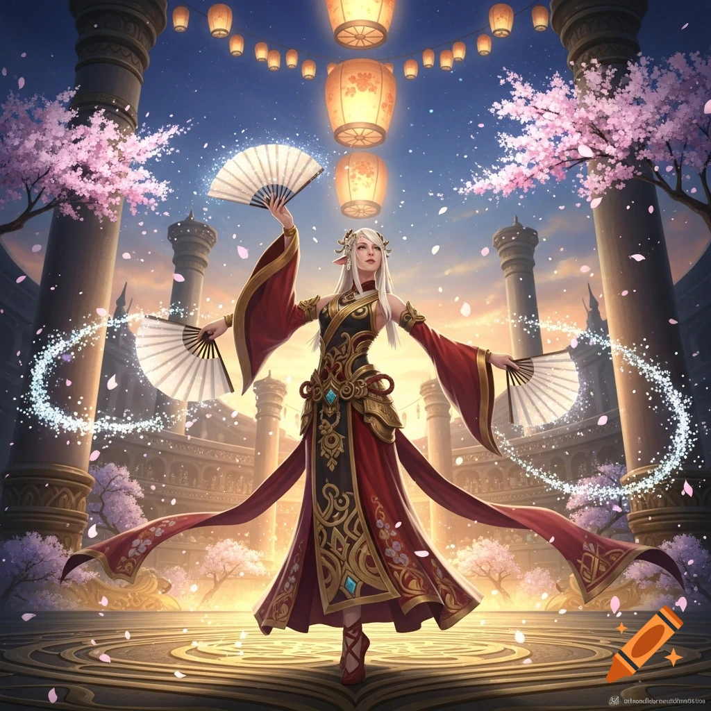 Elegant elf-like dancer in red and gold gown with fans in a fantasy courtyard under glowing lanterns and cherry blossoms.