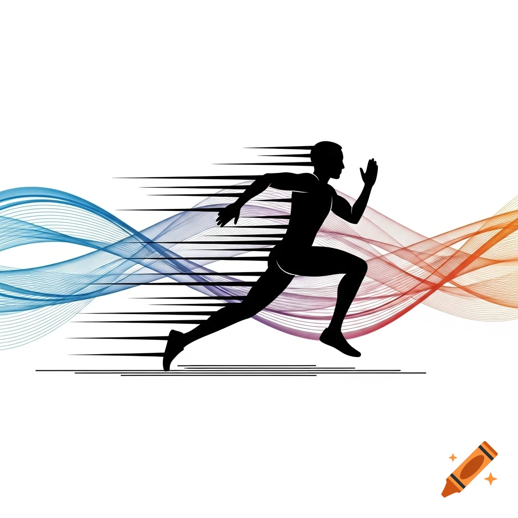 A black silhouette of a running man with speed lines and abstract blue and orange waves behind him.