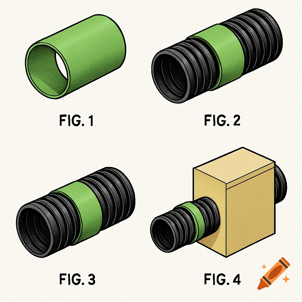 Four isometric technical illustrations show the assembly of a green waterproof sleeve onto a black corrugated drainage pipe and a brown drainage module.