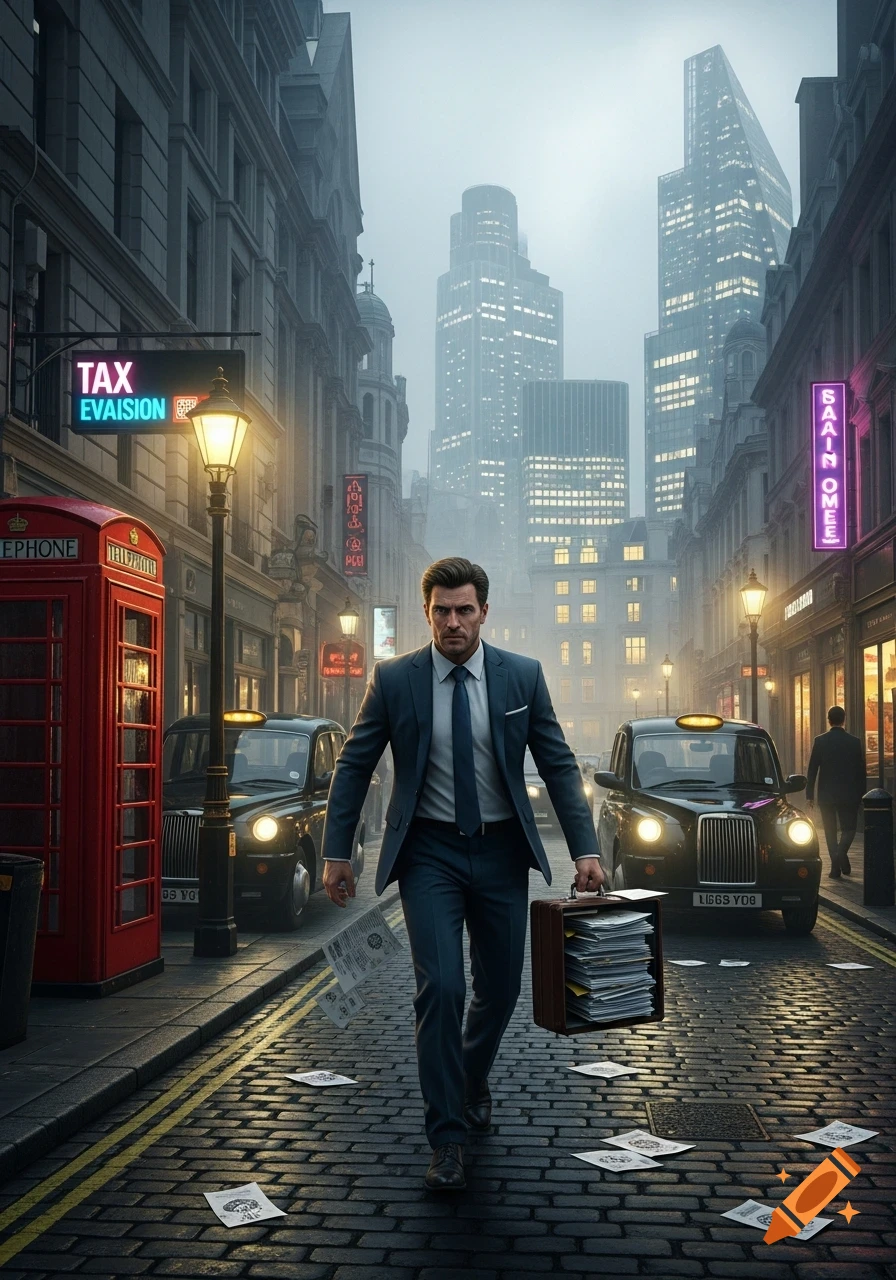 A man in a suit carries a briefcase spilling papers as he walks down a cobblestone street in a foggy London cityscape, with a glowing "TAX EVASION" sign above a red phone booth.