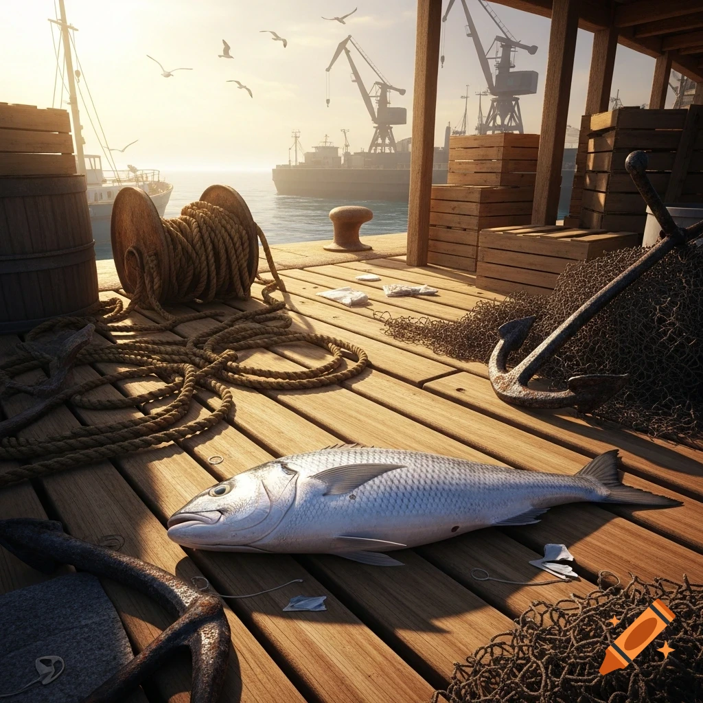 A large dead fish lies on a wooden dock next to fishing ropes, an anchor, and nets, with boats and port cranes in the background at sunset.