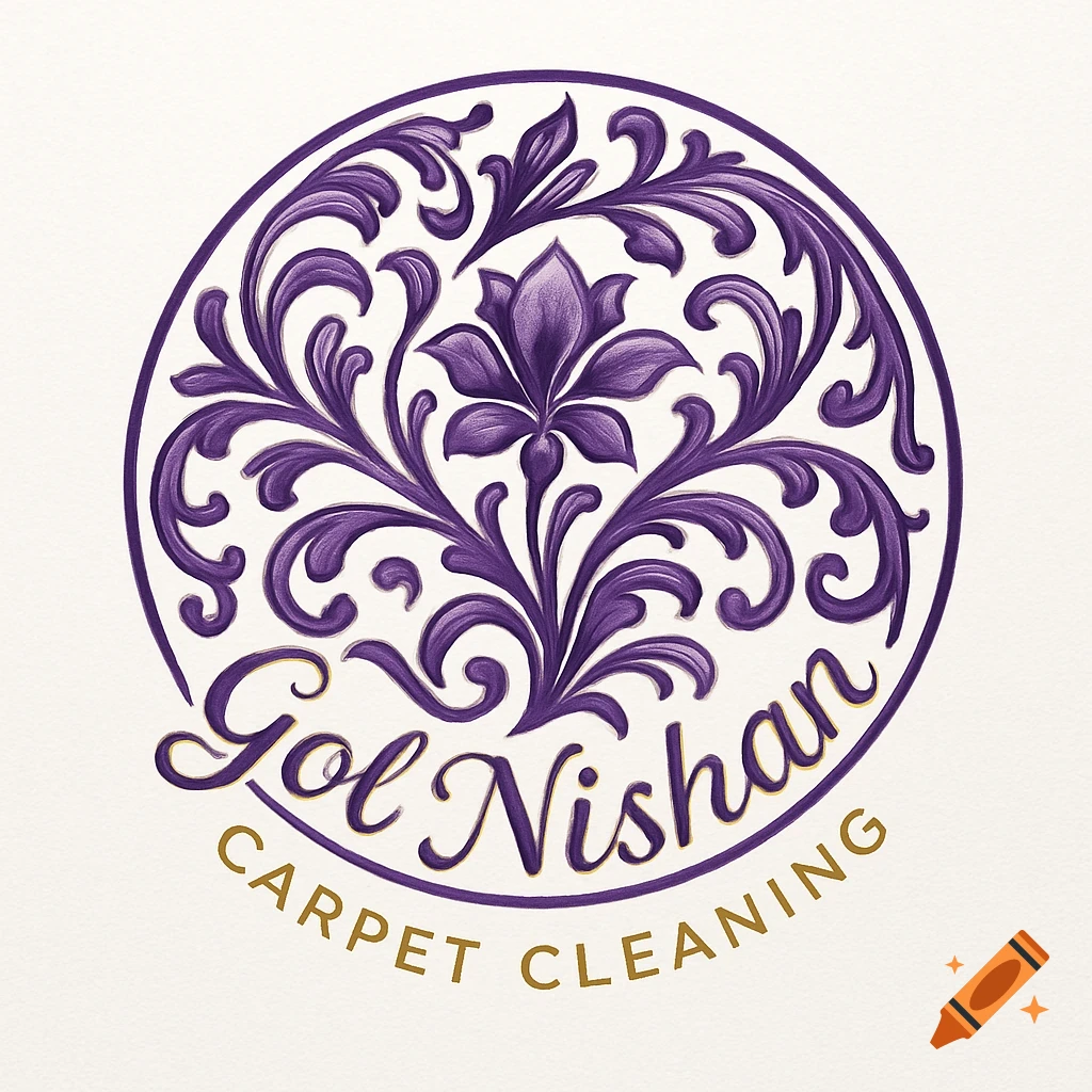 A purple and gold logo for Gol Nishan Carpet Cleaning, featuring an ornate circular floral pattern with a central lotus-like flower.