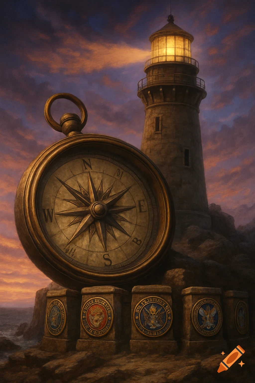 A large antique compass leans on a stone lighthouse at sunset, with symbolic emblems on stone blocks below, by the ocean.