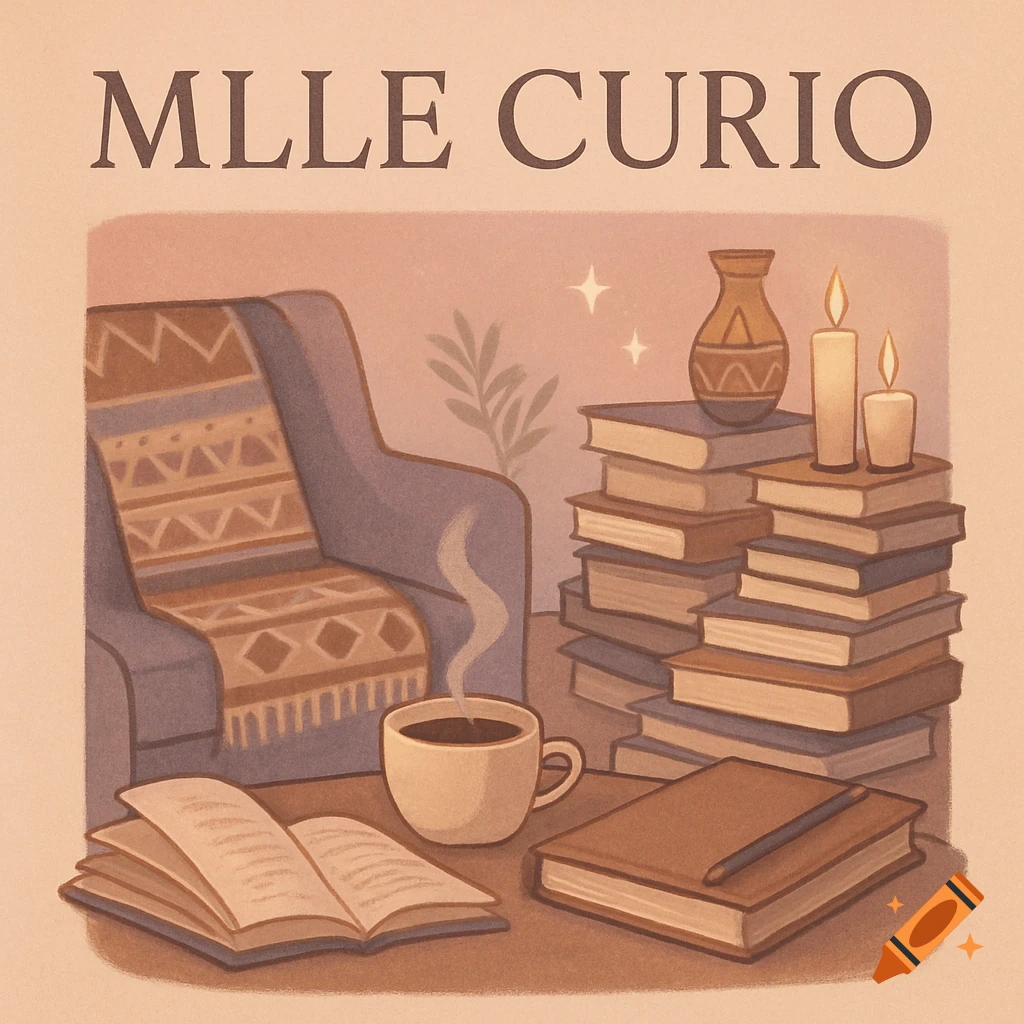 Digital illustration of a cozy reading corner with an armchair, a mug of coffee, stacks of books, candles, and the text "MLLE CURIO".