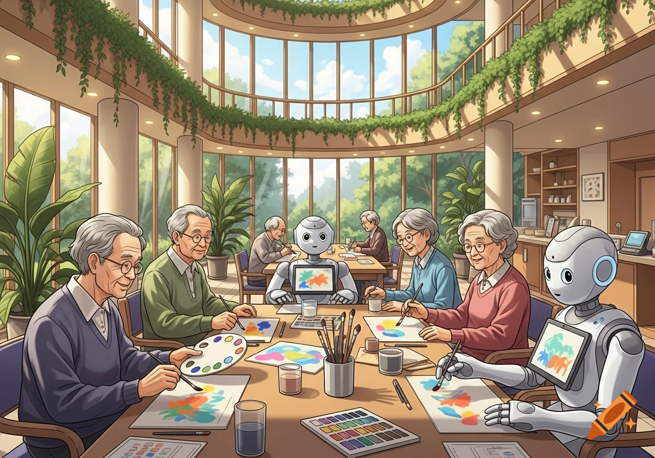 Elderly people and robots paint together at a table in a bright, plant-filled room, in a detailed cartoon style.