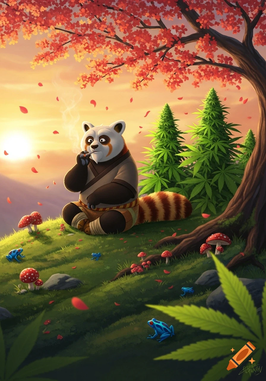 A cartoon panda in a gi smokes a joint on a grassy hill with cannabis plants, red mushrooms, and blue frogs, under a sunset sky with red leaves.