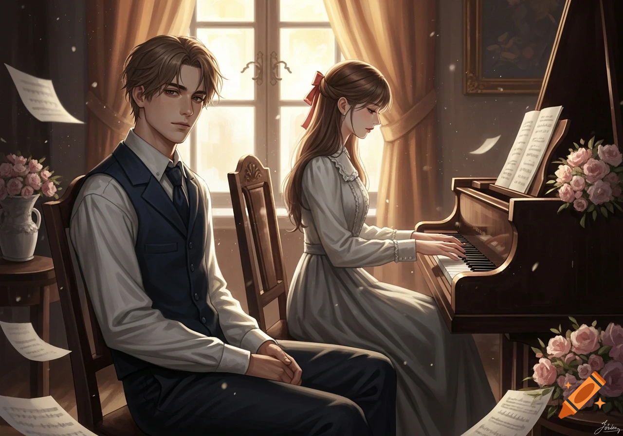 A young man watches a woman play piano in a soft, stylized illustration of a cozy room with music sheets.