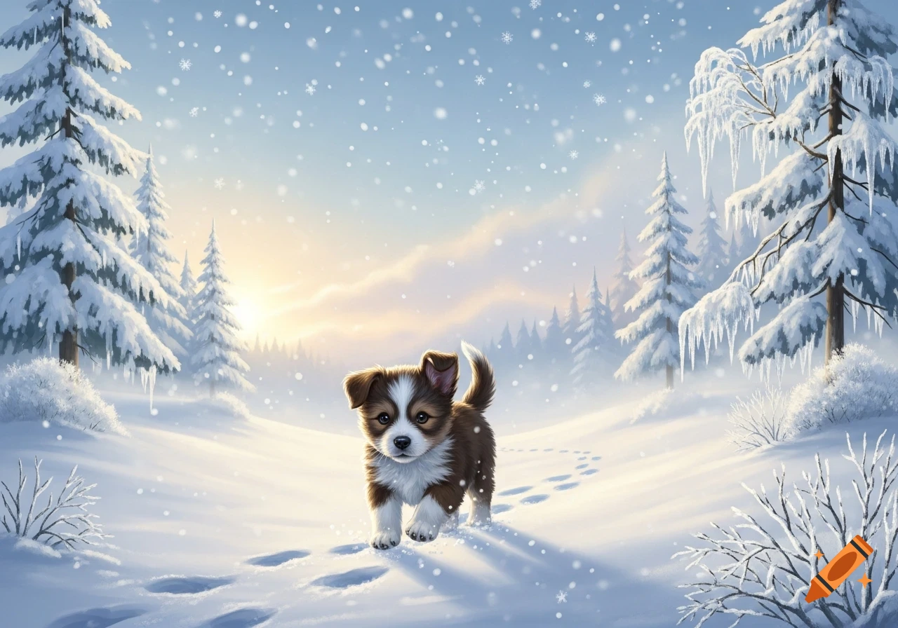 A fluffy brown and white puppy walking through a snowy winter forest at sunrise, leaving paw prints.