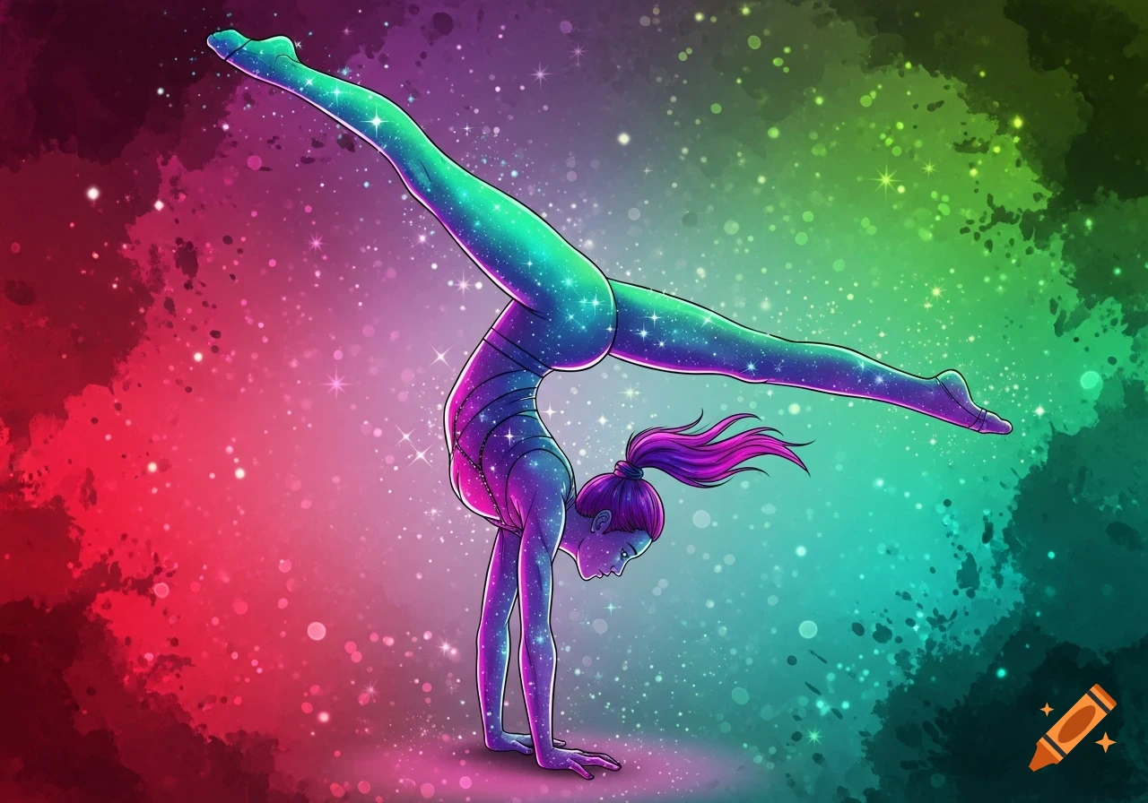 Digital illustration of a glowing galaxy-patterned gymnast performing a handstand, against a vibrant, starry, rainbow-colored background.