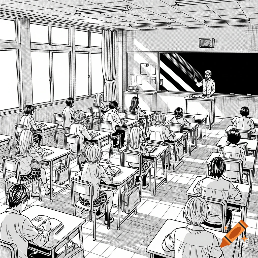 Black and white graphic novel illustration of a classroom with students and a teacher.