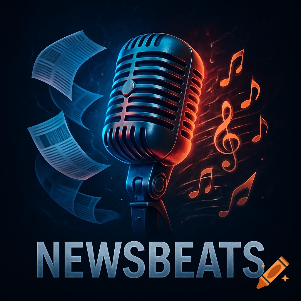 A 3D metallic microphone with glowing blue and red lights, surrounded by musical notes and newspaper pages, with 'NEWSBEATS' text on a dark background.