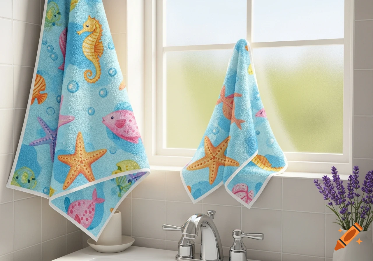 Two light blue towels with seahorse, starfish, and fish patterns hanging in a bright bathroom by a window, above a sink.