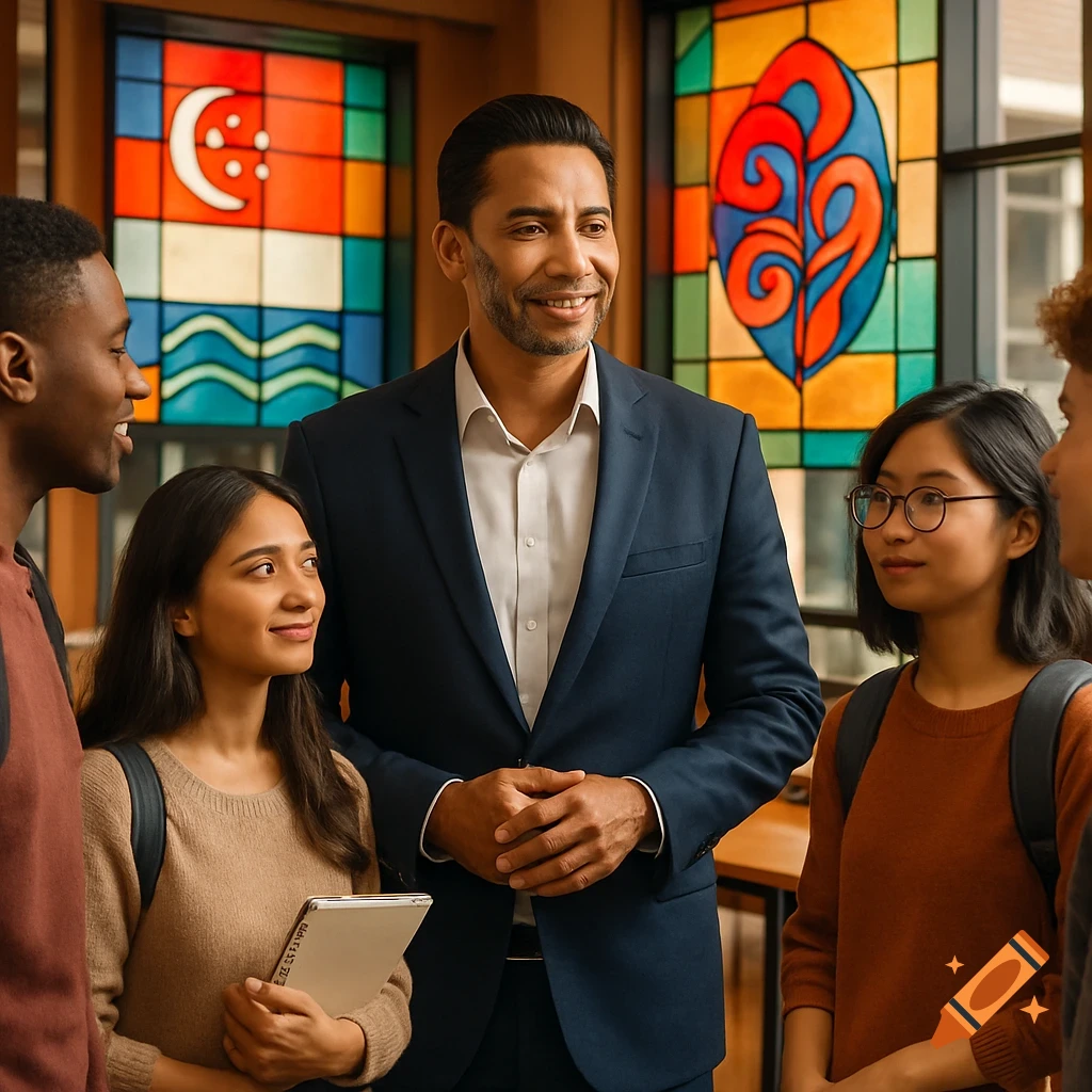 A diverse group of students listens to a smiling professional man in a suit, standing in front of colorful stained-glass windows.
