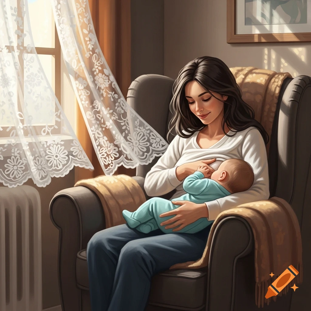 A dark-haired woman breastfeeds a baby in a teal onesie, sitting in an armchair by a sunlit window with lace curtains. Photorealistic art style.