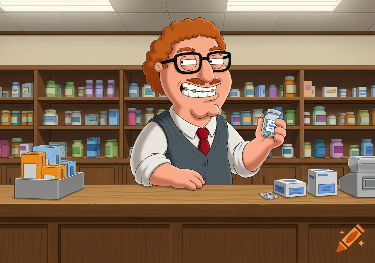 Mort Goldman, a cartoon man with curly red hair, glasses, and braces, holds a medicine bottle behind a pharmacy counter.