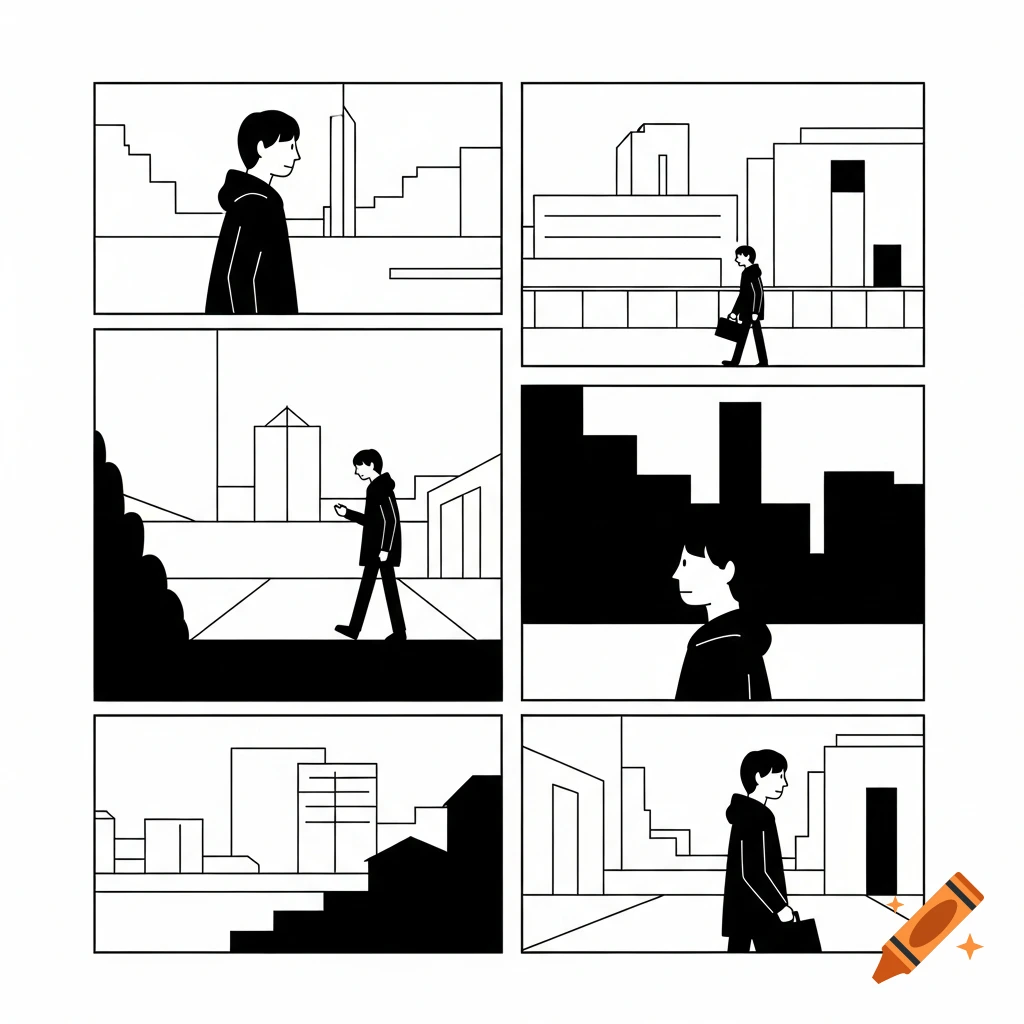 A black and white minimalist comic strip shows a person walking through an urban landscape in six panels.