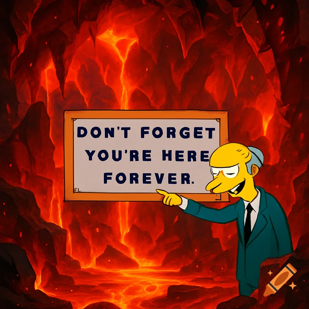 Mr. Burns from The Simpsons points to a sign reading "DON'T FORGET YOU'RE HERE FOREVER" in a fiery, hellish landscape with lava.