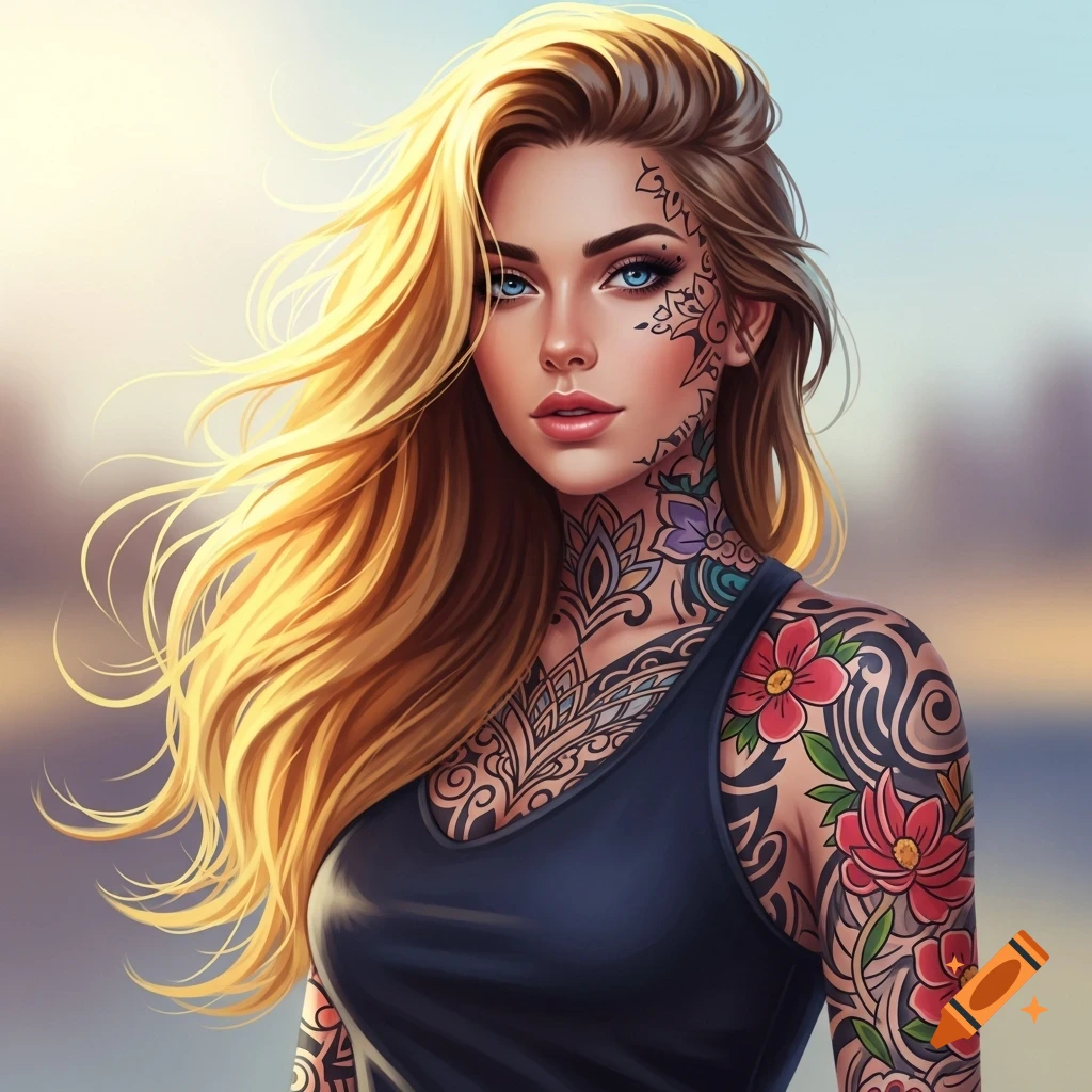 Stylized portrait of a blonde woman with long hair, blue eyes, and intricate tattoos on her face, neck, and arms, wearing a black tank top.