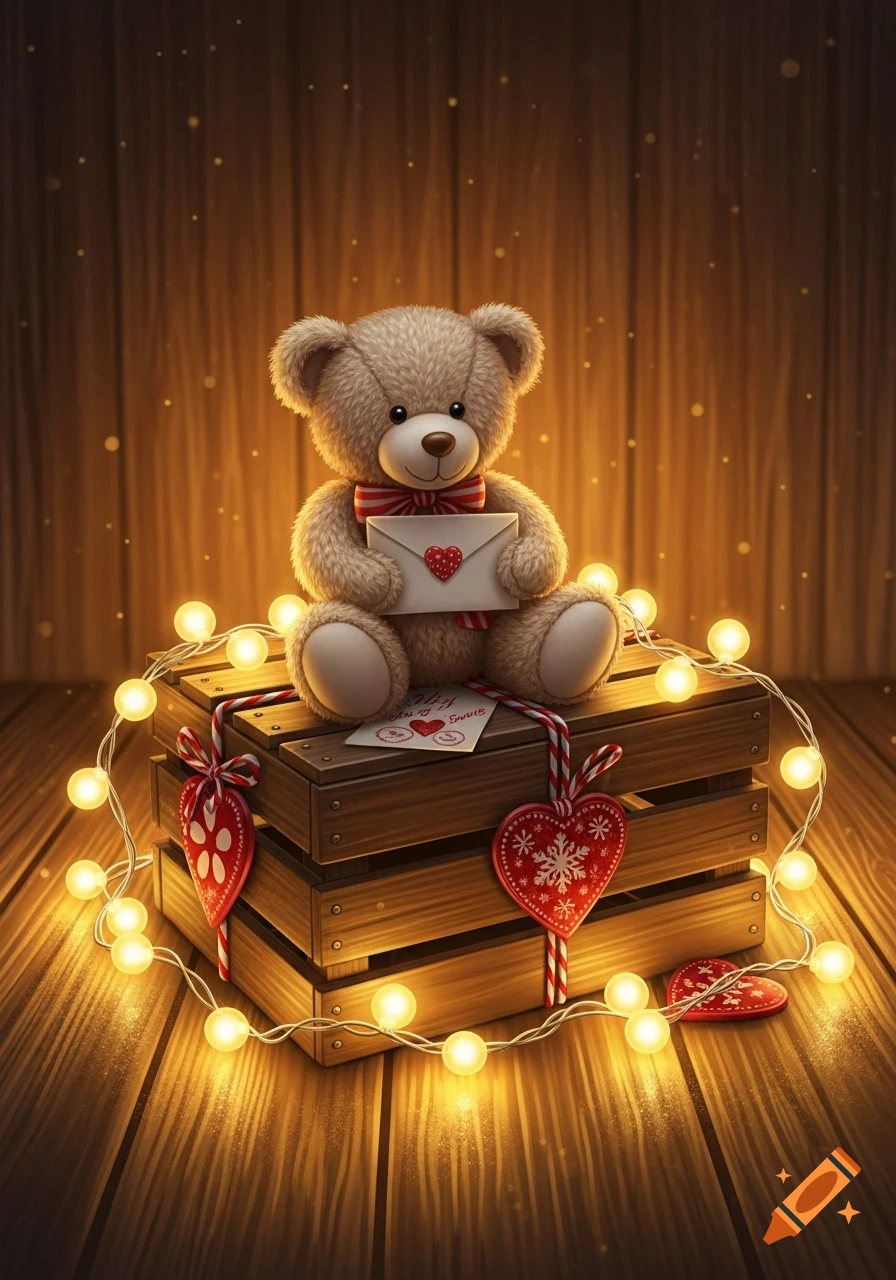 A fluffy teddy bear holding a heart-sealed letter, sitting atop rustic wooden crates wrapped in glowing string lights. Red heart ornaments and a cozy, warm ambiance fill the scene.