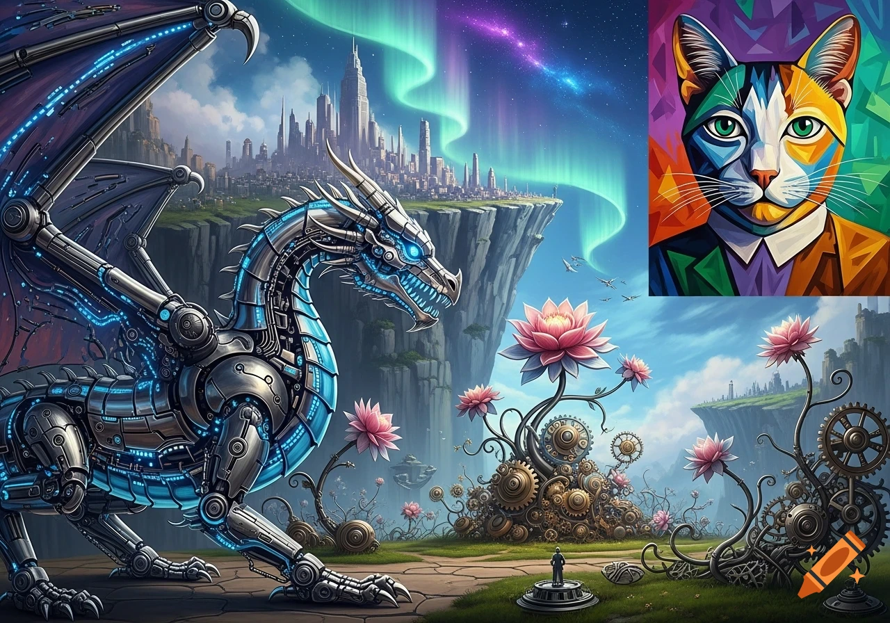 A biomechanical dragon with glowing blue parts in a surreal landscape with a city on a cliff, a mechanical garden, and a cubist cat portrait.