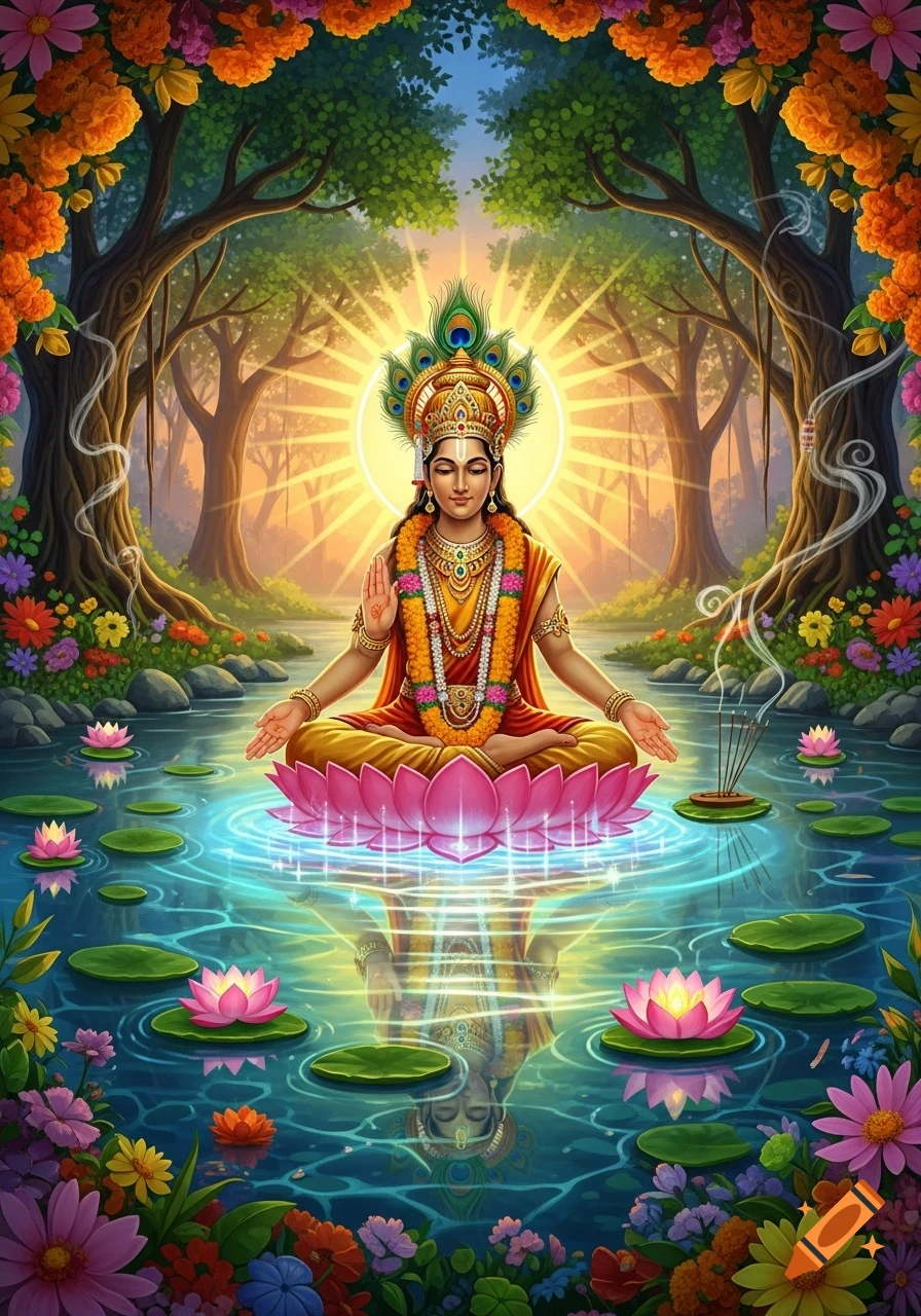 A deity with a peacock feather crown and golden jewelry meditates on a pink lotus in serene water, surrounded by lush trees, colorful flowers, and bright sunlight.