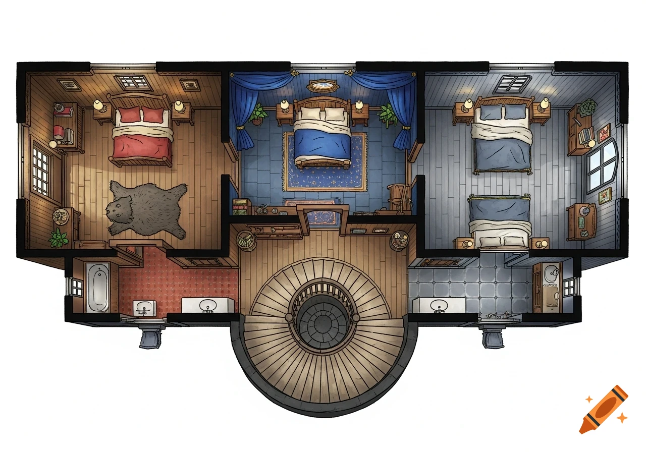 A colorful 2D bird's-eye view hand-drawn Dungeons and Dragons style map of a second floor with three bedrooms and a circular stairwell.