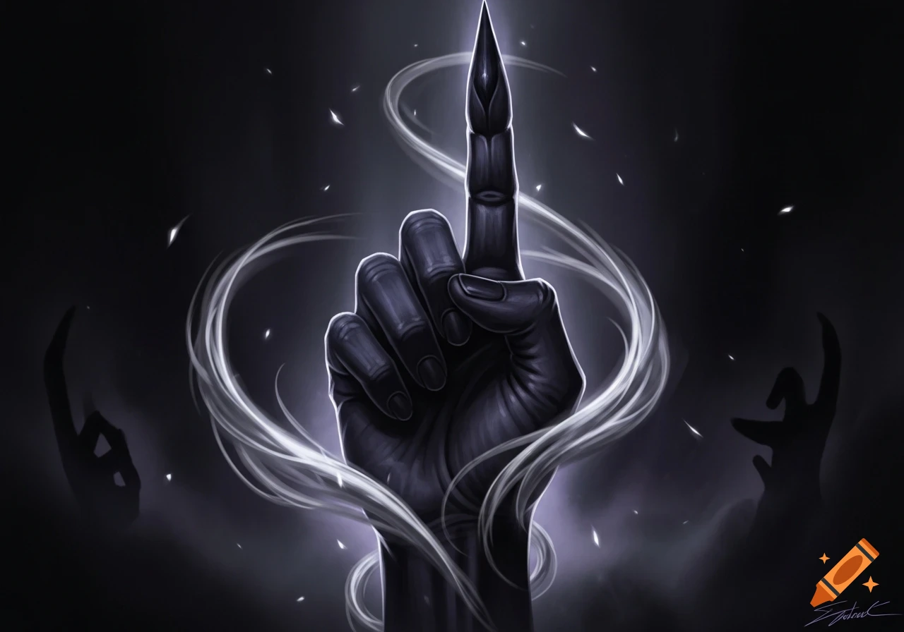 A stylized, dark hand with a sharp, horned index finger pointing upwards, surrounded by glowing white wisps and shadowy hands in the background.