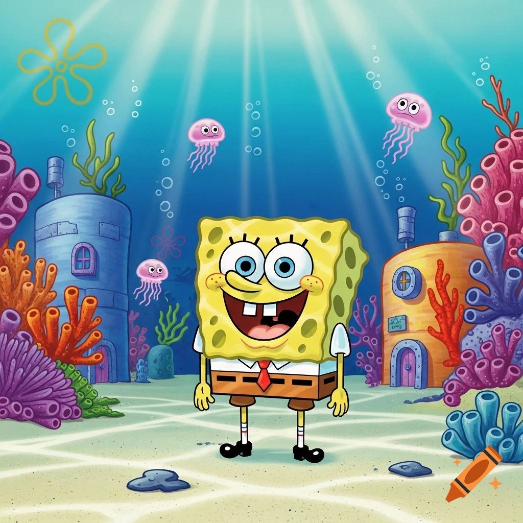 Smiling SpongeBob SquarePants stands on the sandy seabed among colorful coral, houses, and pink jellyfish with light rays.