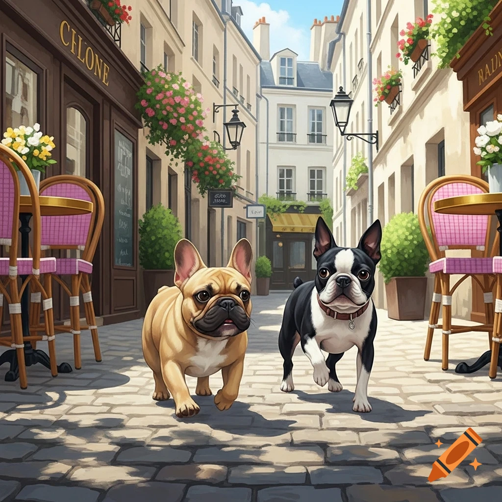 A fawn French Bulldog and a black and white Boston Terrier walk on a cobblestone street in front of Parisian cafes under a blue sky.