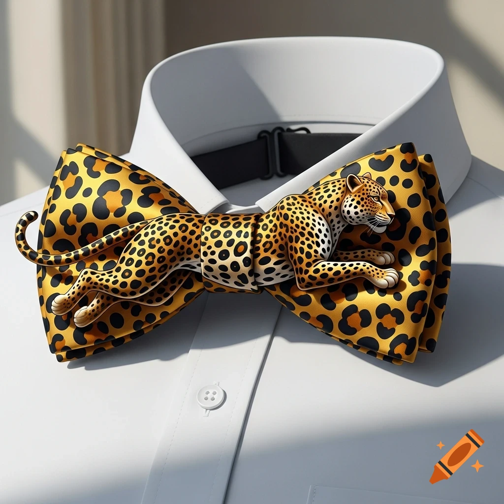 A close-up of a leopard-print bow tie with a 3D leopard figure draped across it, resting on a white collared shirt.