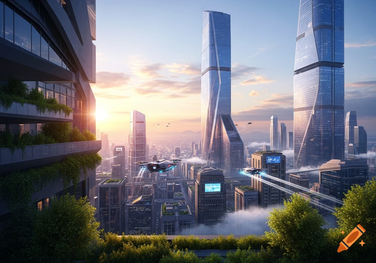 Photorealistic futuristic cityscape at sunrise with tall skyscrapers and flying vehicles amidst clouds.