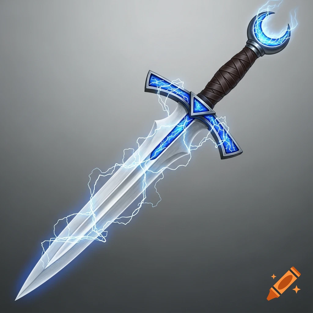 A detailed fantasy sword with blue lightning effects, a crescent moon pommel, and a brown leather-wrapped hilt against a gray background.
