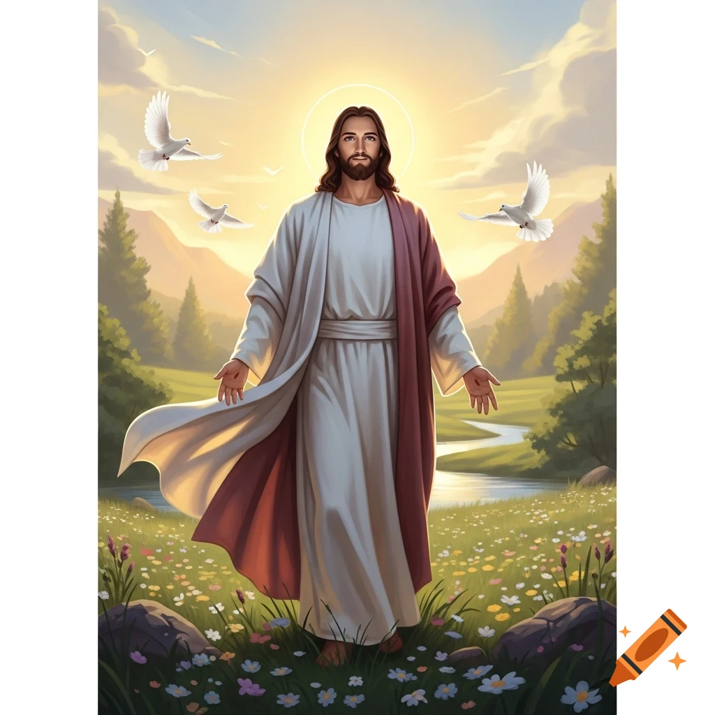Jesus Christ stands in a vibrant, flowery field with a glowing sun and doves flying. Religious illustration.