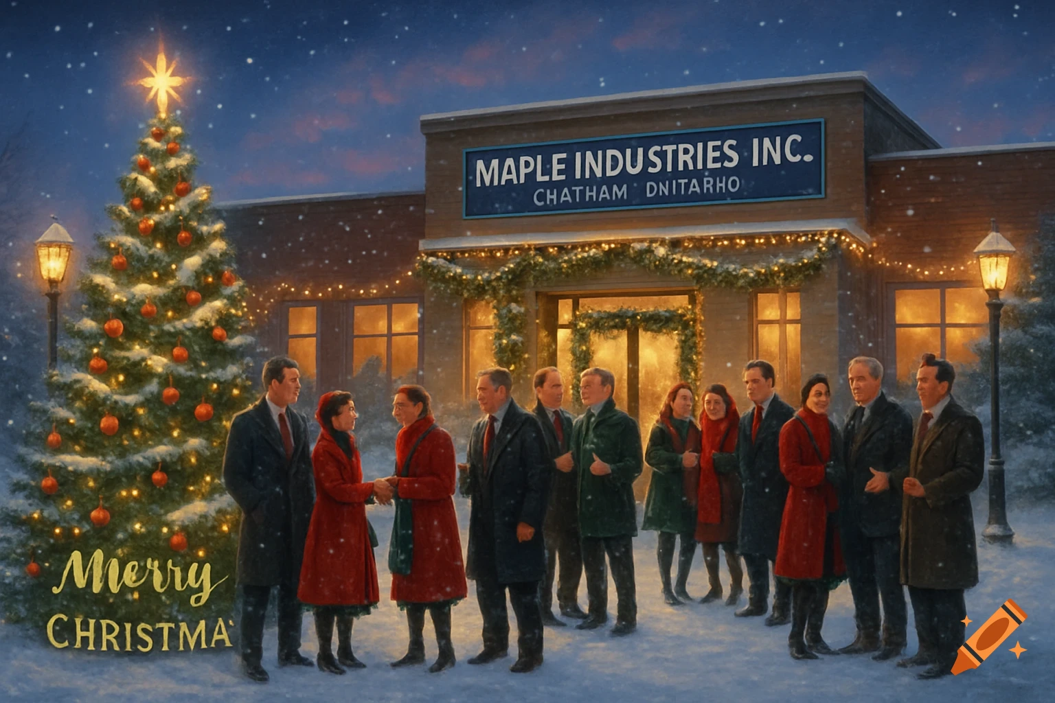 A group of people gather in front of a building decorated with Christmas lights and a large Christmas tree in the snow.