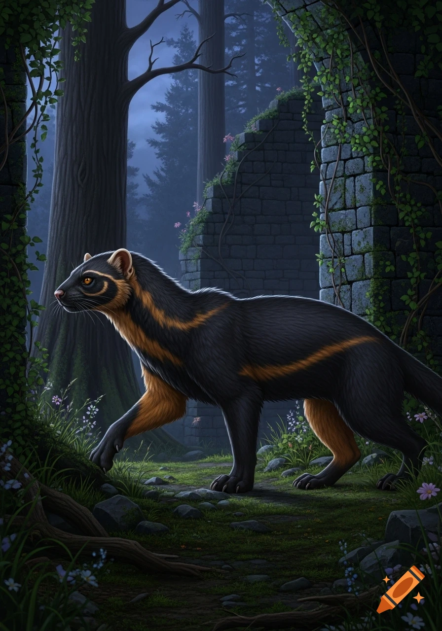 A photorealistic fantasy Mustelidae creature with black and amber fur stalks through overgrown castle ruins in a twilight forest.