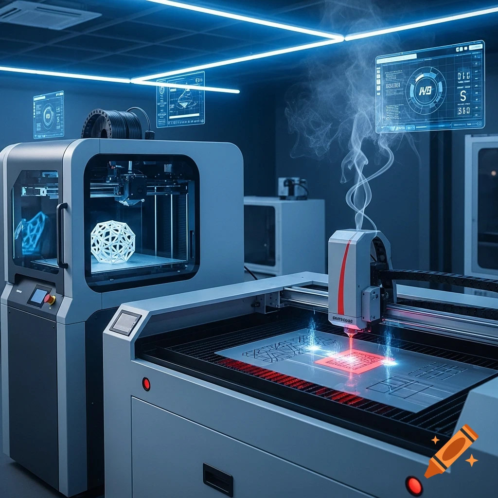 A modern industrial lab features a 3D printer making a geometric object and a laser cutter engraving a design, with blue neon lights and holographic displays.