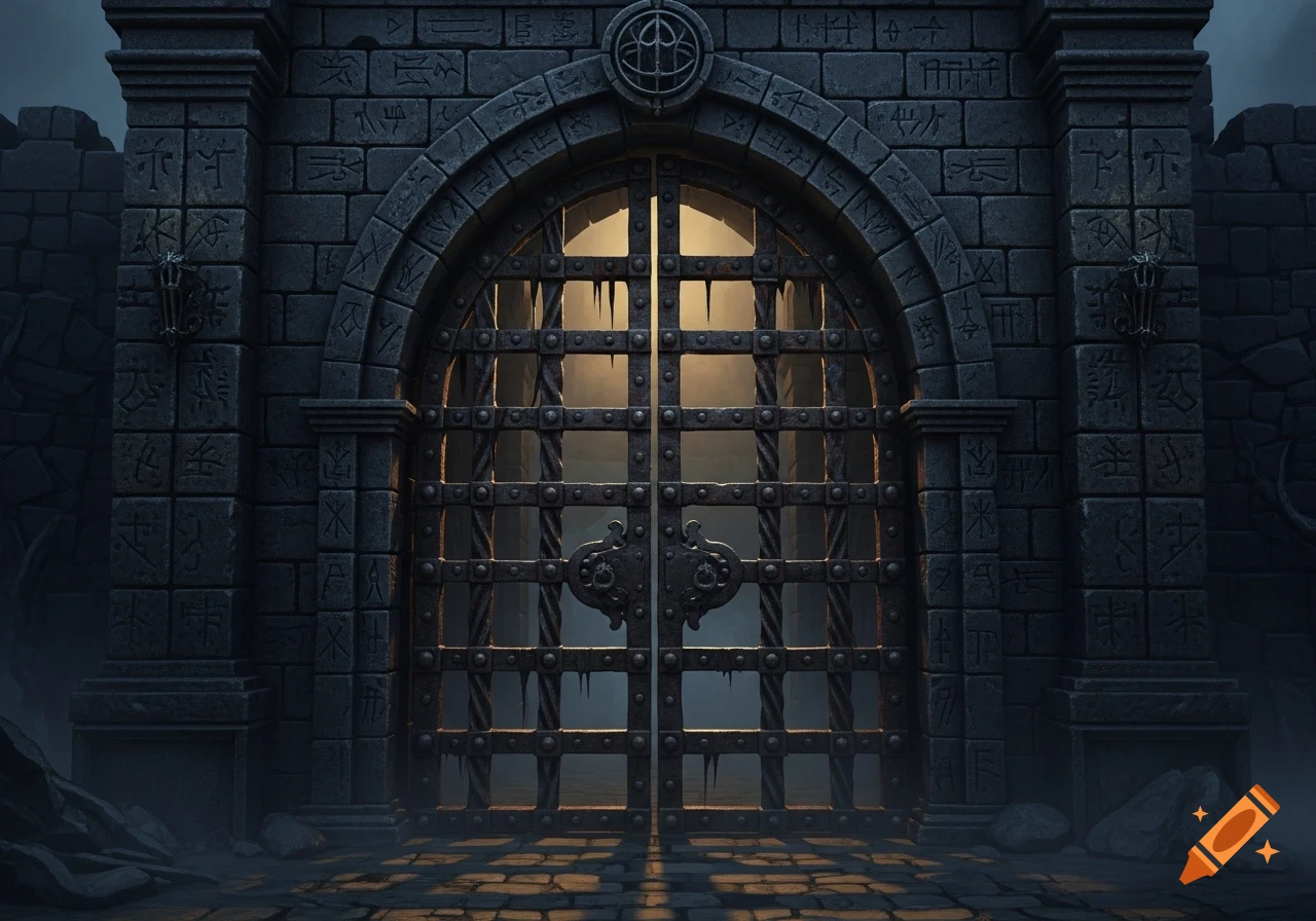 A dark, weathered stone dungeon gate with a heavy iron grate, carved with ancient symbols, illuminated by a warm light from behind.