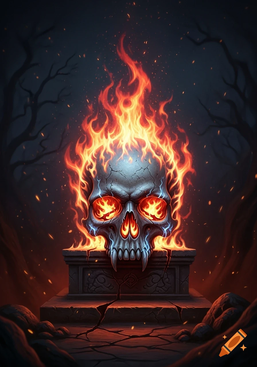 A stylized skull with glowing red eyes and fangs, engulfed in orange flames, sits on a stone pedestal in a dark, eerie forest.