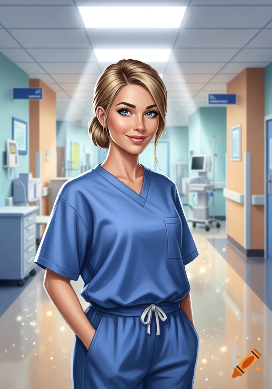 A smiling blonde woman with blue eyes wears royal blue scrubs, standing in a brightly lit hospital hallway in a digital art style.