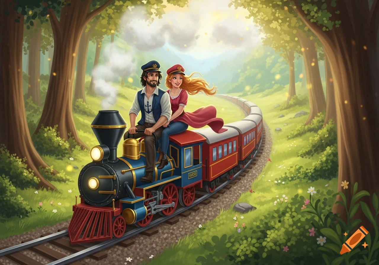 An illustrated couple, a man and a woman in conductor hats, ride a model train through a sunlit forest with glowing lights.