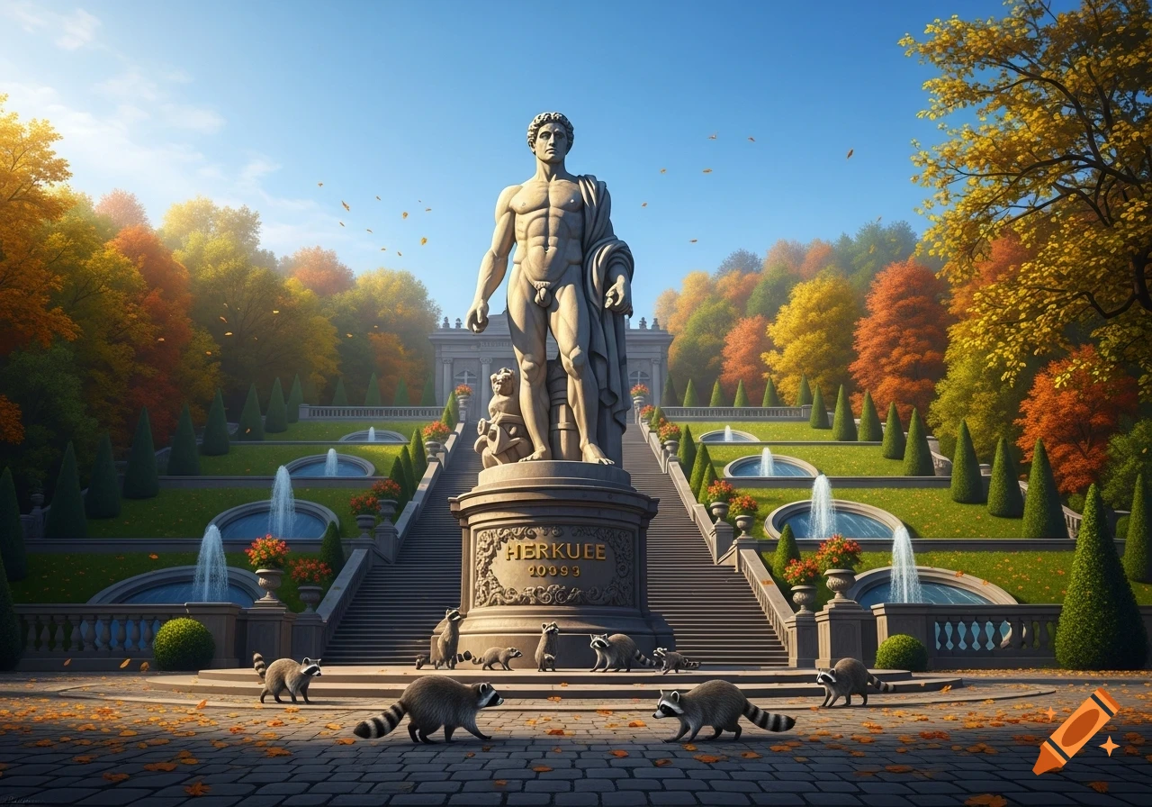 A photorealistic image of a classical male statue standing at the top of a grand, tiered park staircase with fountains and fall foliage. Several raccoons walk on the cobblestone path at the base of the stairs.