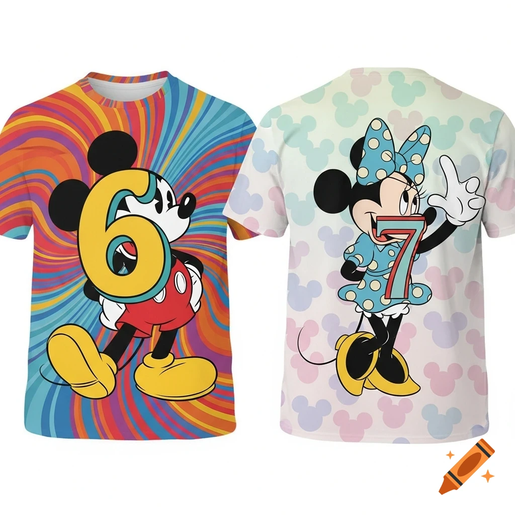 Two t-shirts, one with Mickey Mouse and the number 6 on a rainbow swirl background, the other with Minnie Mouse and the number 7 on a light background with Mickey ears.