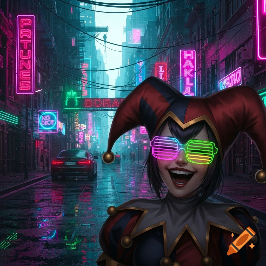 A smiling jester character in a red and black hat and costume, wearing glowing neon shutter shades, in a vibrant cyberpunk city street at night with neon signs.